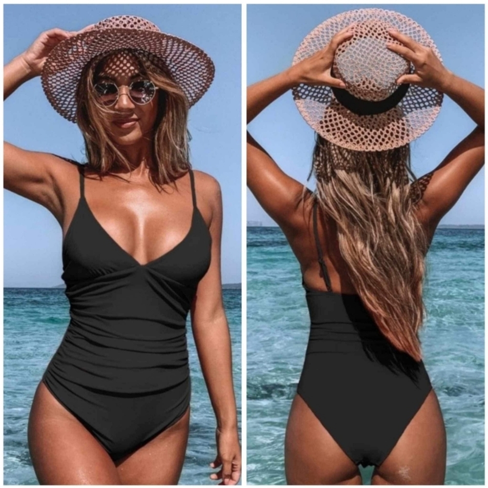 NWT Cupshe Black V One Piece Swimsuit Ruched Tummy Control Modest Bathing M
